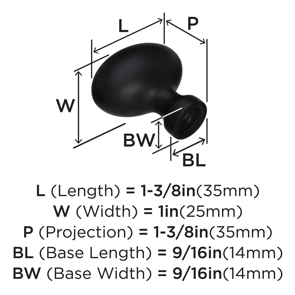 AMEROCK Vaile 1-3/8" Length Oval Cabinet Knob in Flat Black