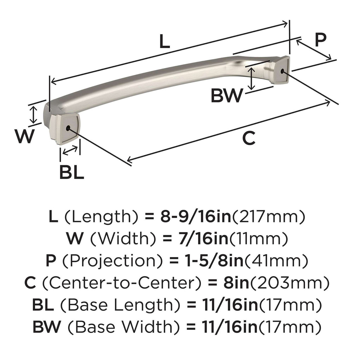 323-E AMEROCK Revitalize 8" Center to Center Handle Cabinet Pull - Satin Nickel BP55351G10 Specs