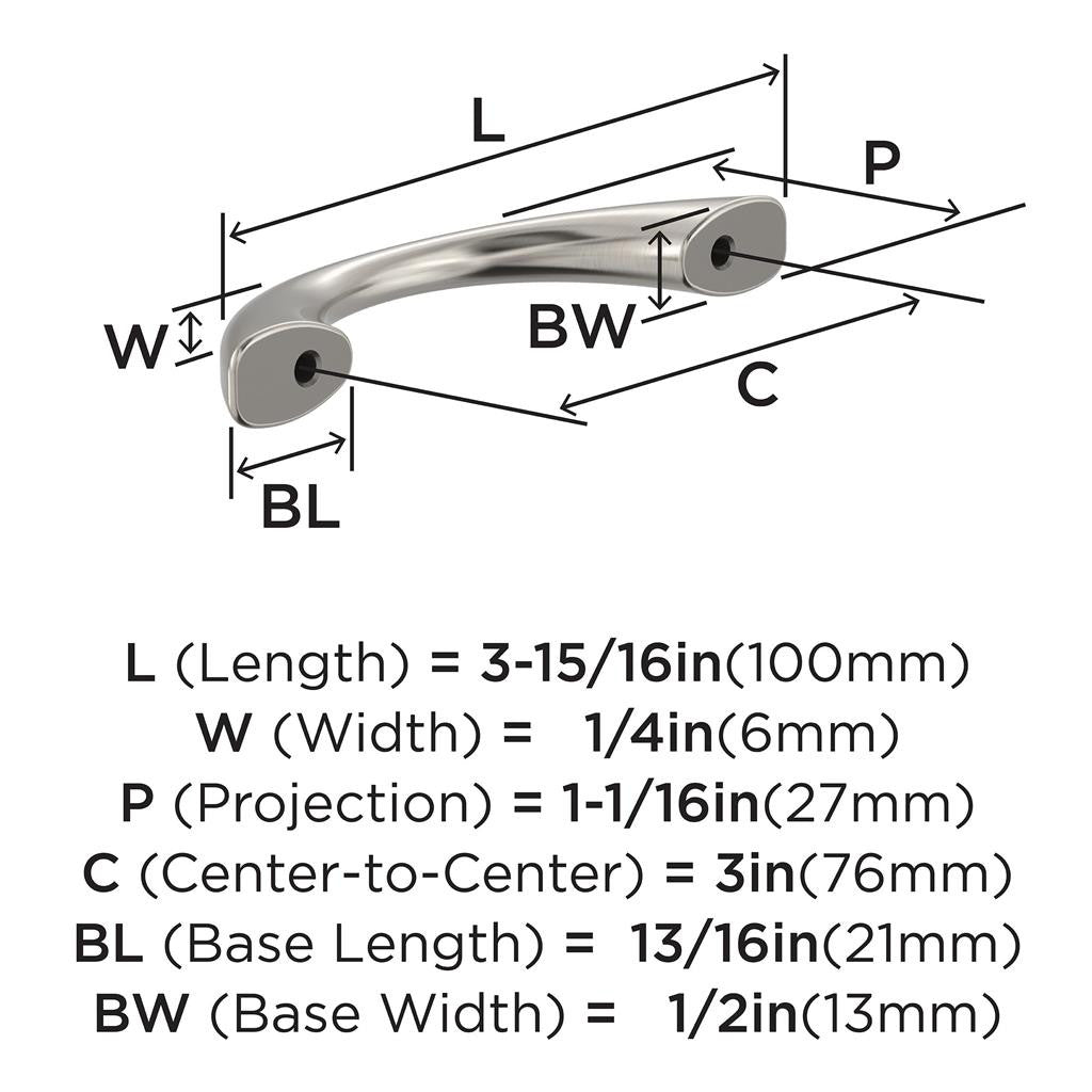 653 AMEROCK Vaile 3" Center to Center Handle Cabinet Pull - Satin Nickel BP37230G10 Specs