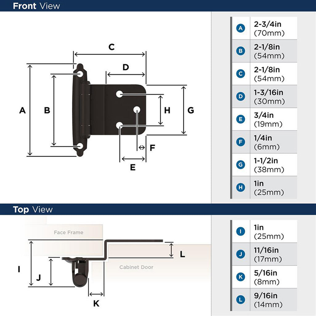 AMEROCK Self Closing Face Mount 3/8" Inset Cabinet Hinge (pair) in Oil Rubbed Bronze BPR3428ORB Specs