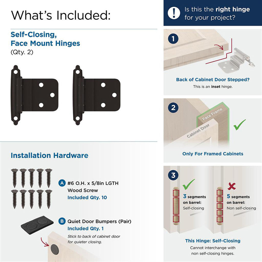 AMEROCK Self Closing Face Mount 3/8" Inset Cabinet Hinge (pair) in Oil Rubbed Bronze BPR3428ORB What's Included