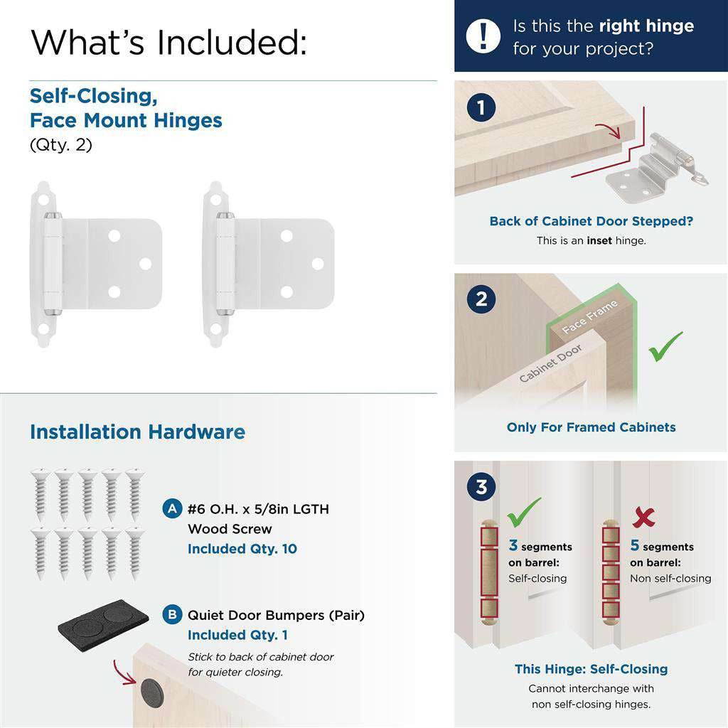 Amerock Self Closing Face Mount 3/8" Inset Cabinet Hinge (pair) in White BPR3428W What's Included