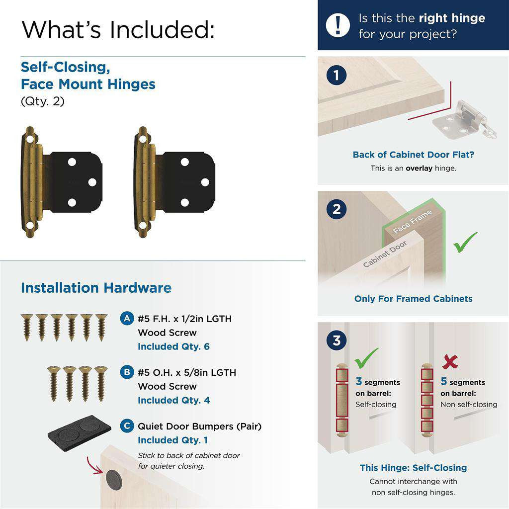 AMEROCK Self Closing Face Mount Extended Tab Variable Overlay Cabinet Hinge (pair) in Antique Brass BPR7629AE What's Included