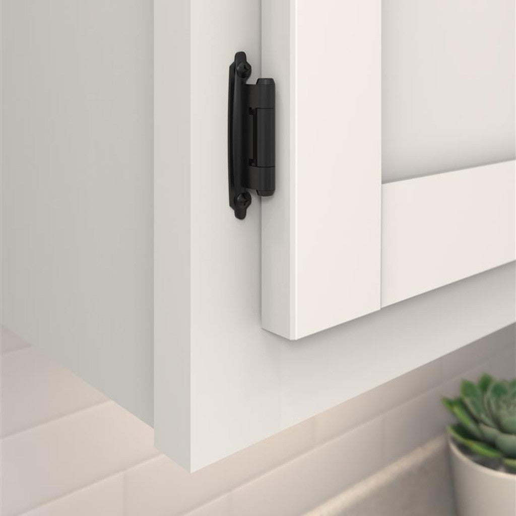 AMEROCK Self Closing Face Mount Extended Tab Variable Overlay Cabinet Hinge (pair) in Flat Black BPR7629FB Mounted