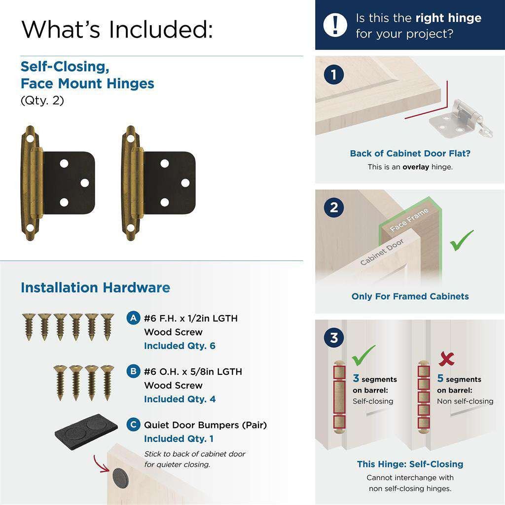 AMEROCK Self Closing Face Mount Variable Overlay Cabinet Hinge (pair) in Antique Brass BPR3429AE What's Included