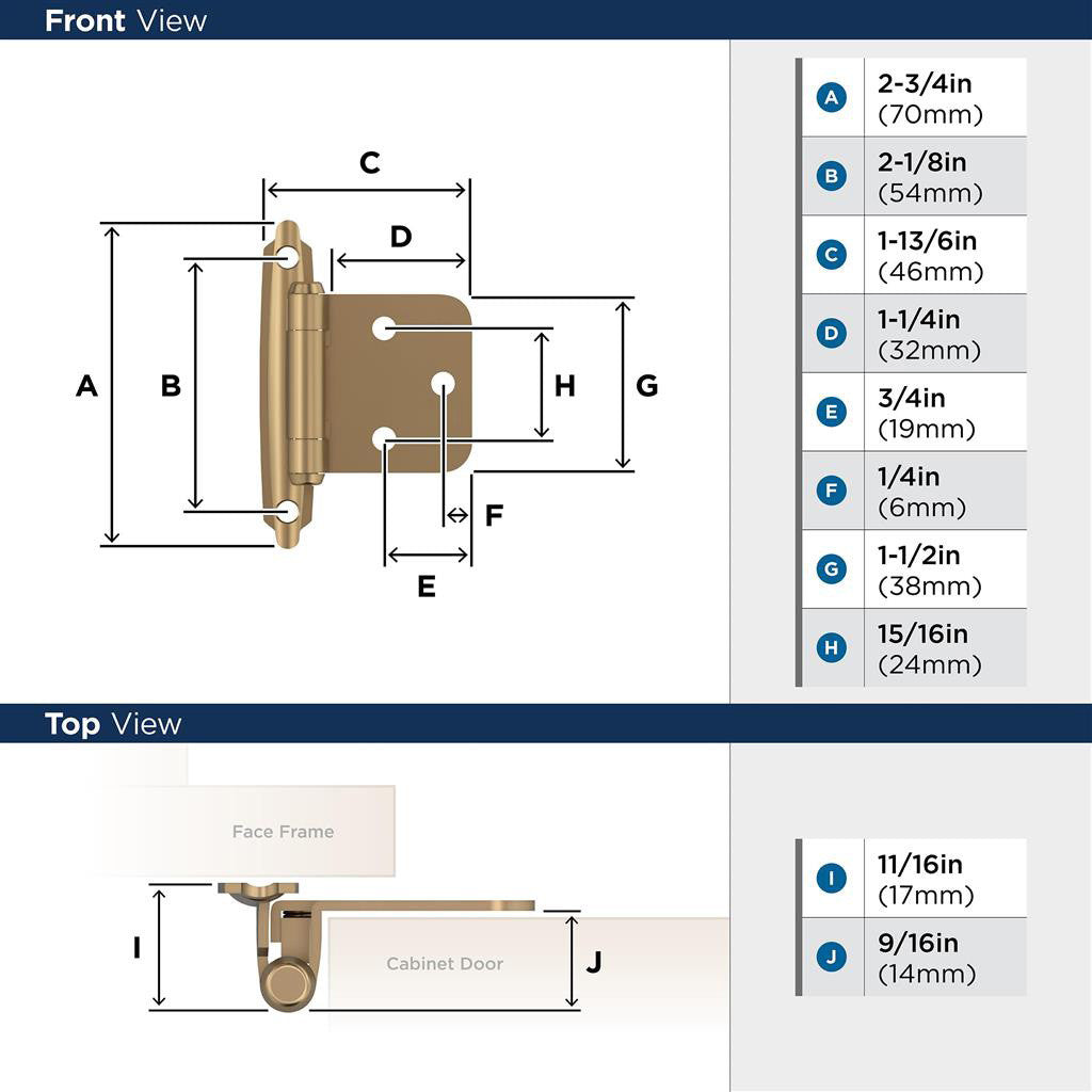 AMEROCK Self Closing Face Mount Variable Overlay Cabinet Hinge (pair) in Champagne Bronze BPR3429CZ Specs