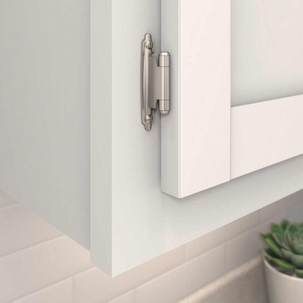 Amerock Self Closing Face Mount Variable Overlay Cabinet Hinge pair in Satin Nickel BPR3429G10 Mounted View