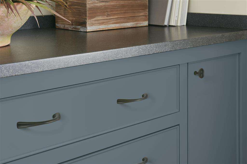 AMEROCK Vaile Handle Cabinet Pulls - Matte Black on Blue Cabinet