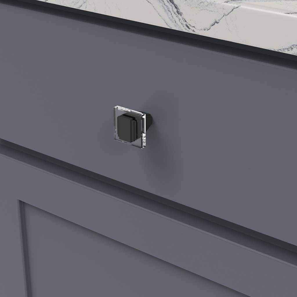 BELWITH KEELER Belleclaire 1-1/4" Length Square Cabinet Knob in Matte Black and Clear B077497-MB Mounted
