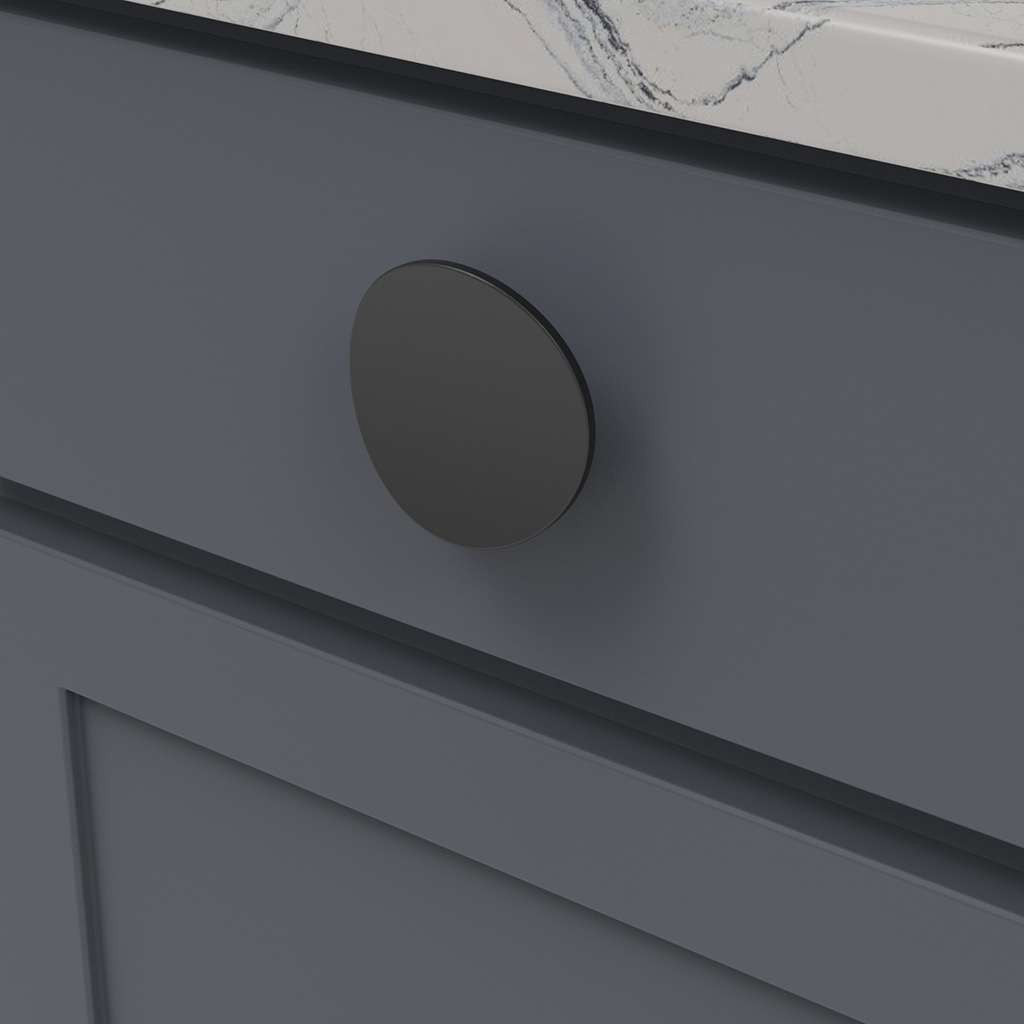 BELWITH-KEELER Vale Round Cabinet Knob in Matte Black 3" Diameter B076527-MB Mounted