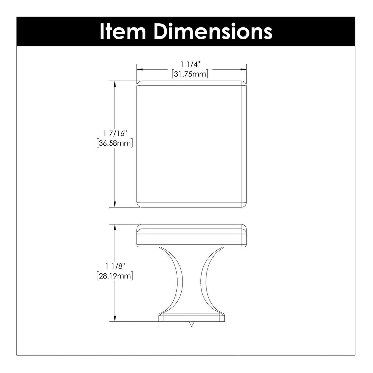 Dimensions of a Brushed Golden Brass 1-3/8" Rectangle Cabinet Knob from Hickory Hardware's Forge Collection H076699-BGB