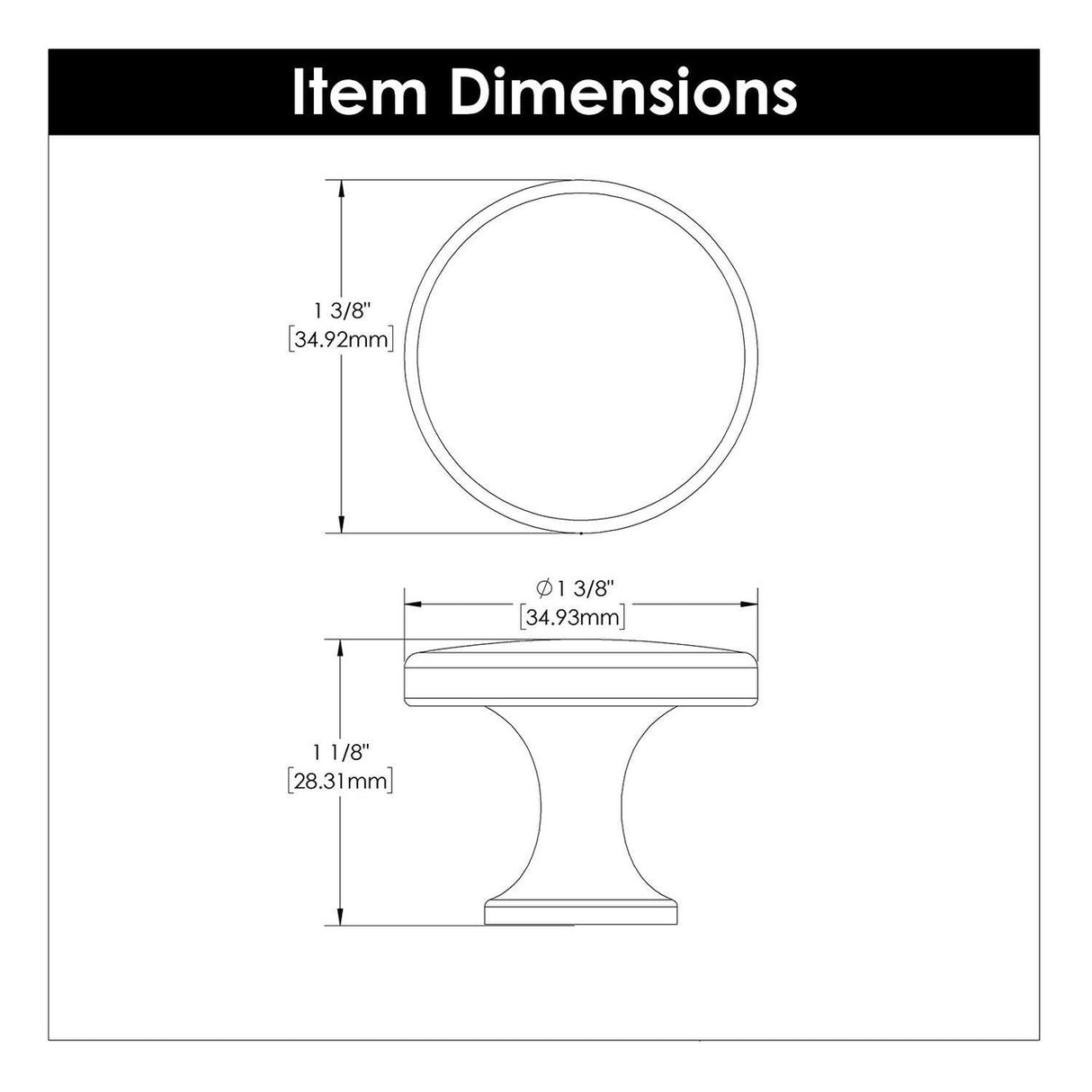 Dimensions of a Polished Chrome 1-3/8" Round Cabinet Knob from Hickory Hardware's Forge Collection H076698-CH