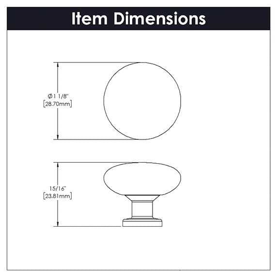 Dimensions of a Brushed Brass 1-1/8" Mushroom Cabinet Knob from Hickory Hardware's Heritage Designs R077753BBX