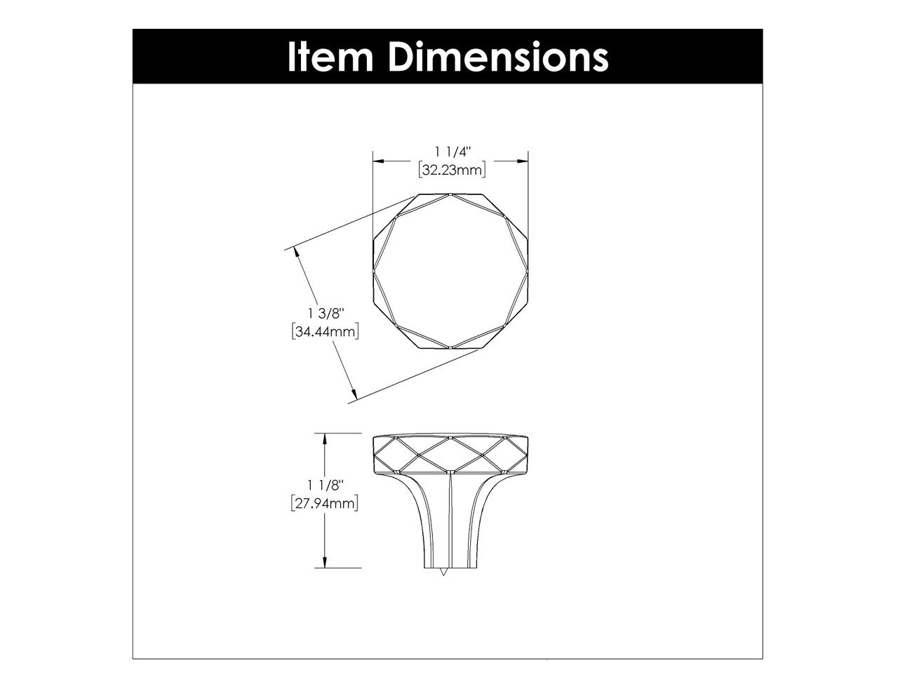 Dimensions of a Satin Nickel 1-1/4" Geometric Cabinet Knob from Hickory Hardware's Karat Collection H077839-SN
