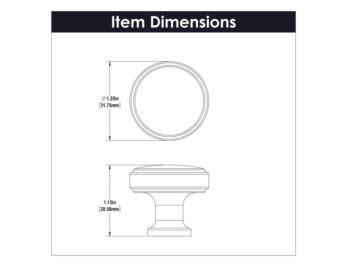 Dimensions of a Brushed Golden Brass 1-1/4" Round Cabinet Knob from Hickory Hardware's Piper Collection H077849-BGB