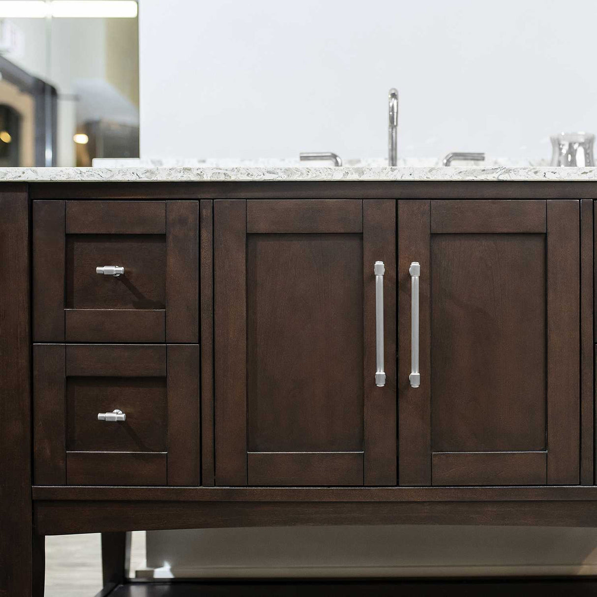 Vanity View of a Satin Nickel 1-5/8" Knob Bar Cabinet Pull from Hickory Hardware's Piper Collection H077850-SN