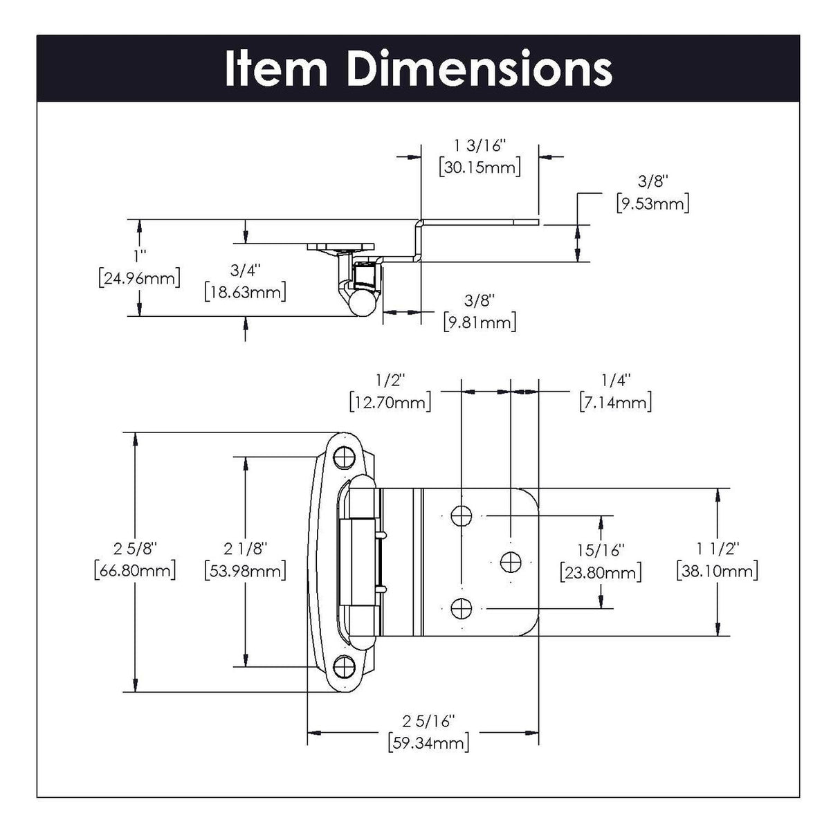 Dimensions of a Polished Brass Self Closing Face Mount 3/8" Inset Cabinet Hinge from Hickory Hardware Part Number P143-3