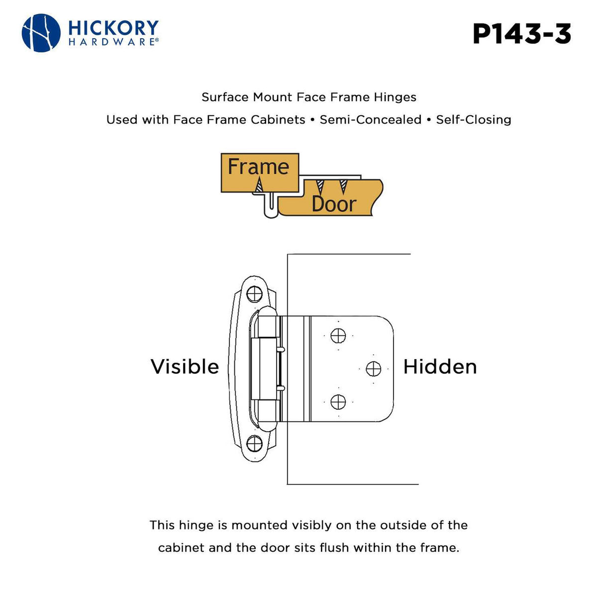 Polished Brass Self Closing Face Mount 3/8" Inset Cabinet Hinge from Hickory Hardware Part Number P143-3