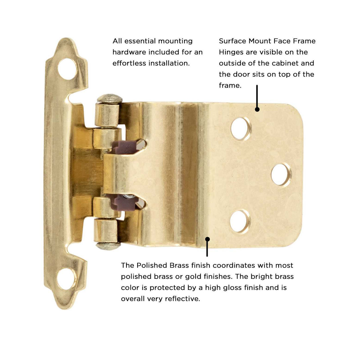 Polished Brass Self Closing Face Mount 3/8" Inset Cabinet Hinge from Hickory Hardware Part Number P143-3