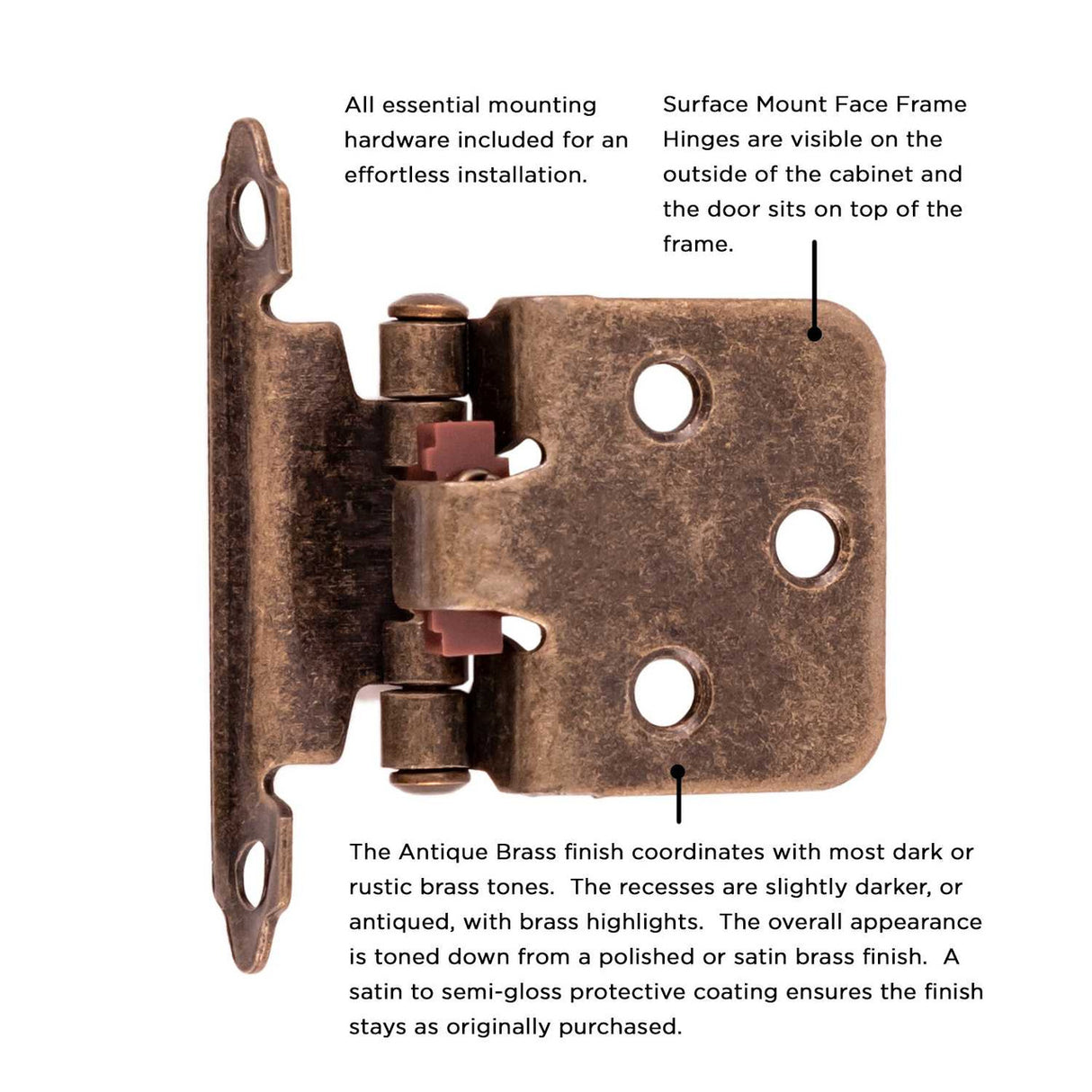 Antique Brass Self Closing Face Mount Variable Overlay Cabinet Hinge from Hickory Hardware Part Number P144-AB