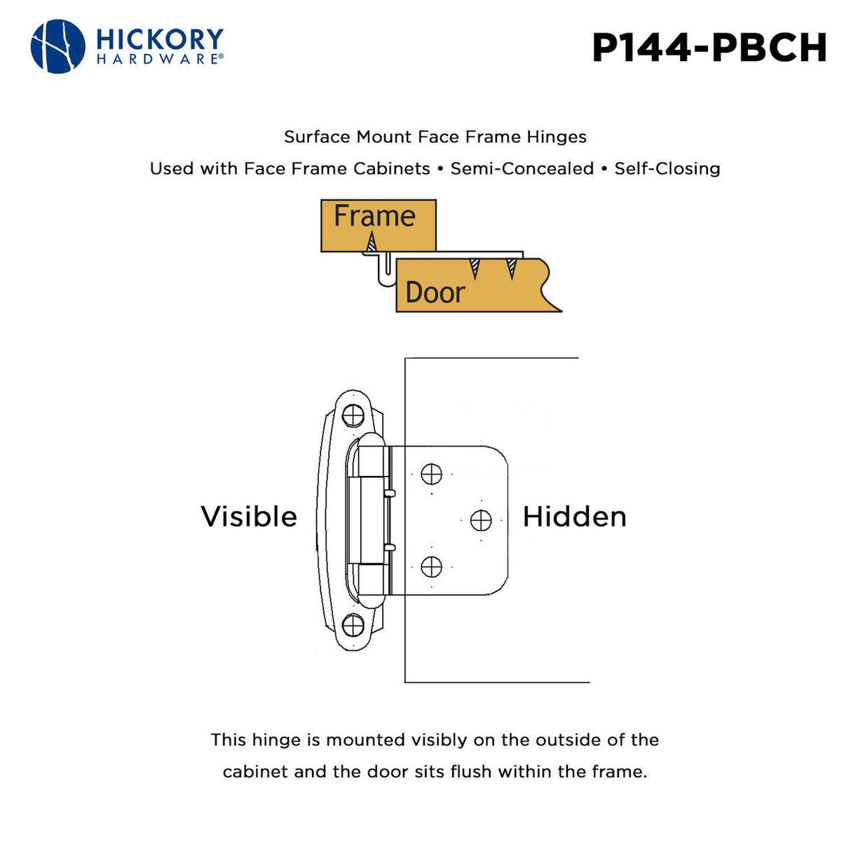 Brass and Chrome Self Closing Face Mount Variable Overlay Cabinet Hinge from Hickory Hardware Part Number P144-PBCH