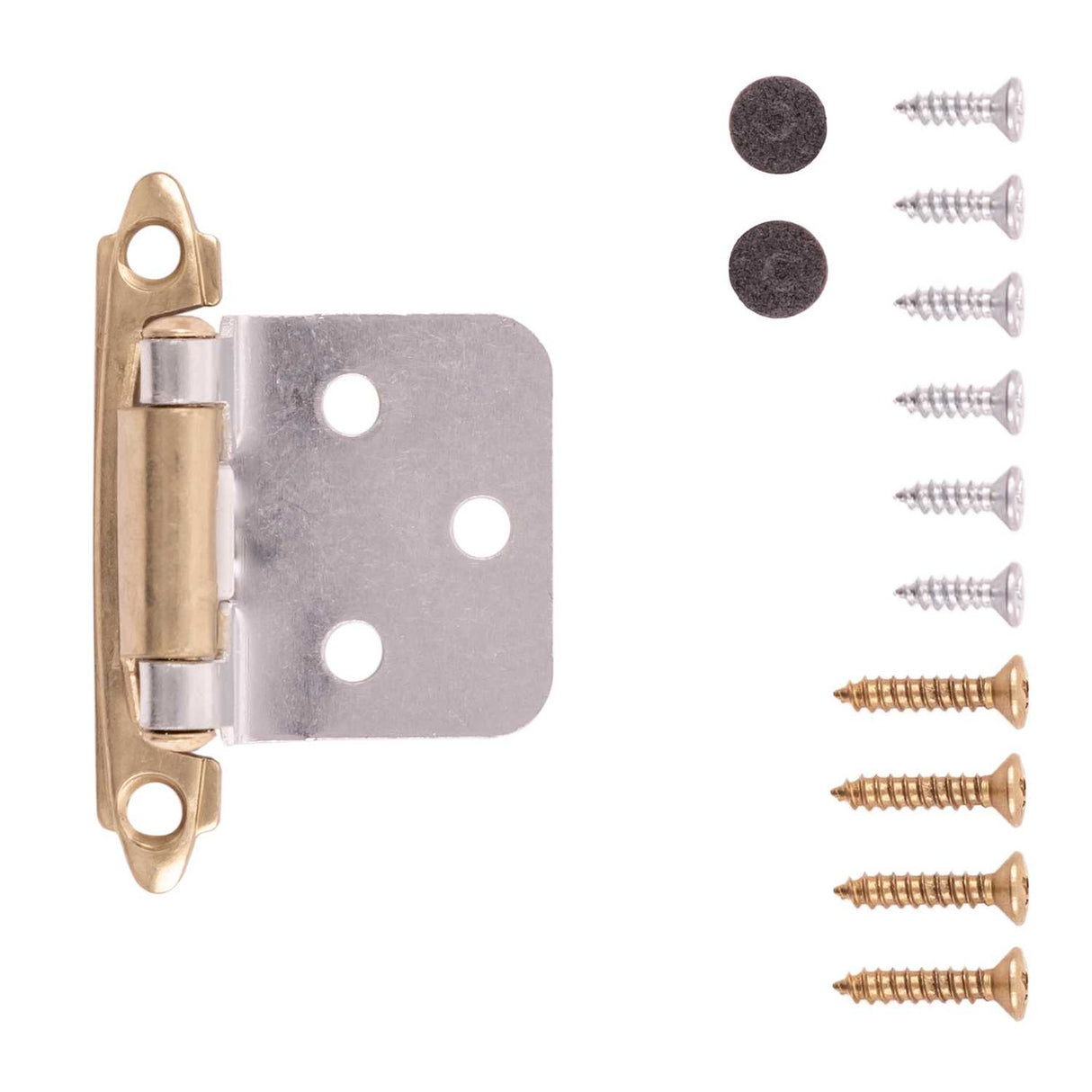 Brass and Chrome Self Closing Face Mount Variable Overlay Cabinet Hinge from Hickory Hardware Part Number P144-PBCH