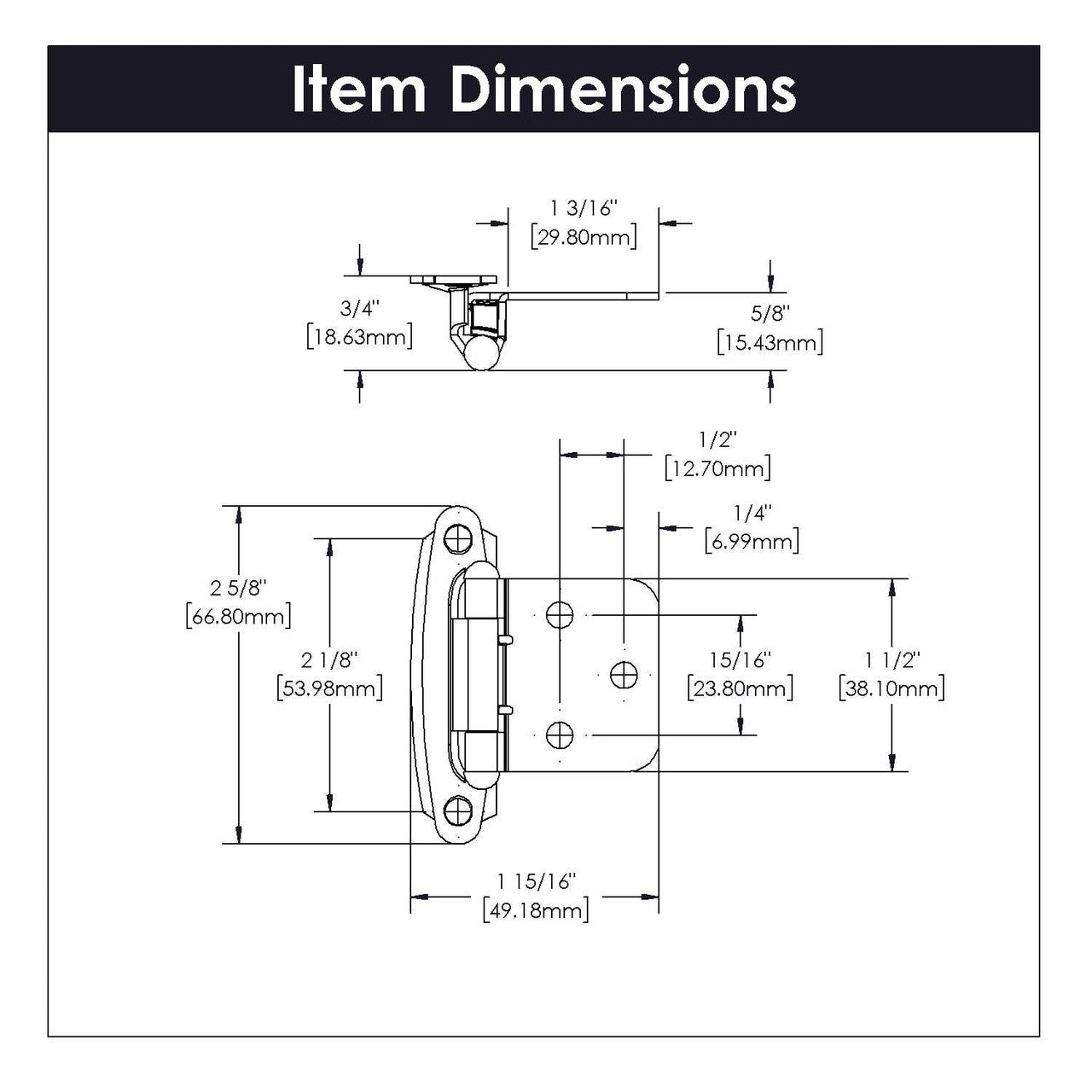 Dimensions of a Polished Brass Self Closing Face Mount Variable Overlay Cabinet Hinge from Hickory Hardware Part Number P144-3