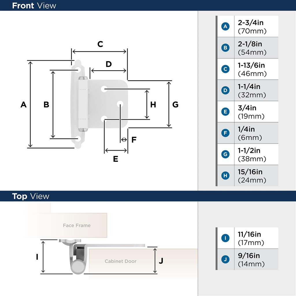 AMEROCK Self Closing Face Mount Variable Overlay Cabinet Hinge (pair) in White with Chrome Ends BPR3429W Specs
