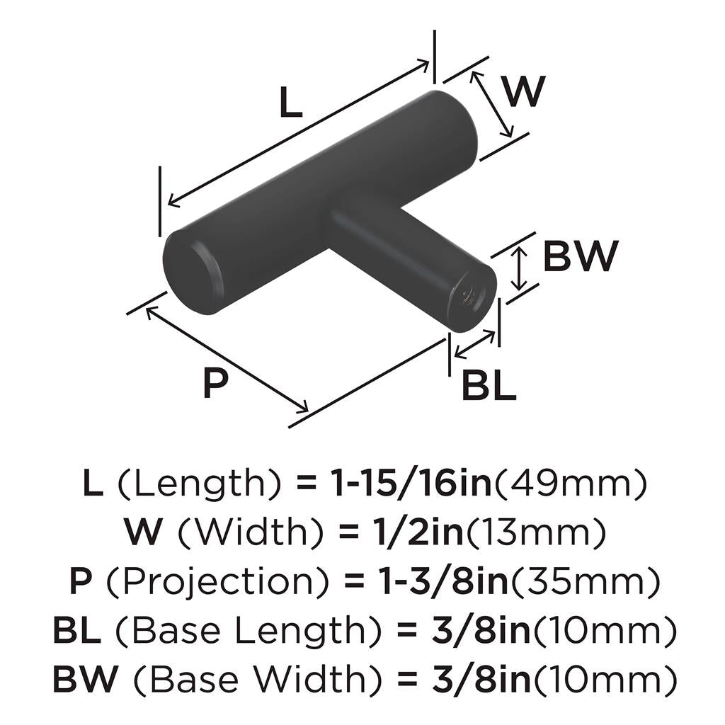 AMEROCK Bar Pulls 1-15/16" Length Cabinet T-Knob in Matte Black