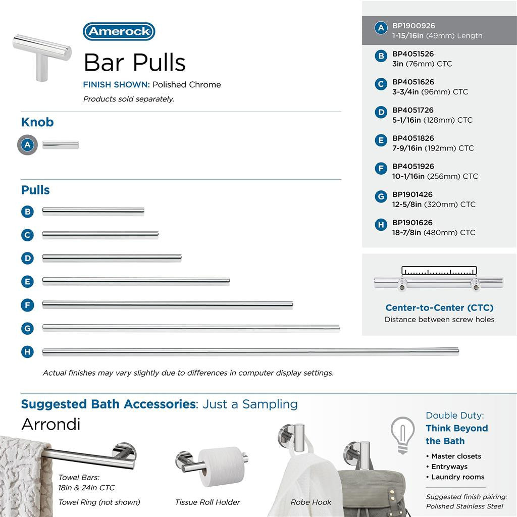 AMEROCK Bar Pulls 1-15/16" Length Cabinet T-Knob in Polished Chrome BP1900926