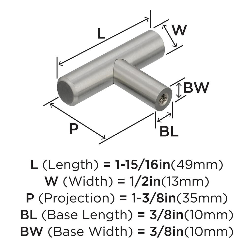 AMEROCK Bar Pulls 1-15/16" Length Cabinet T-Knob in Stainless Steel BP19009SS