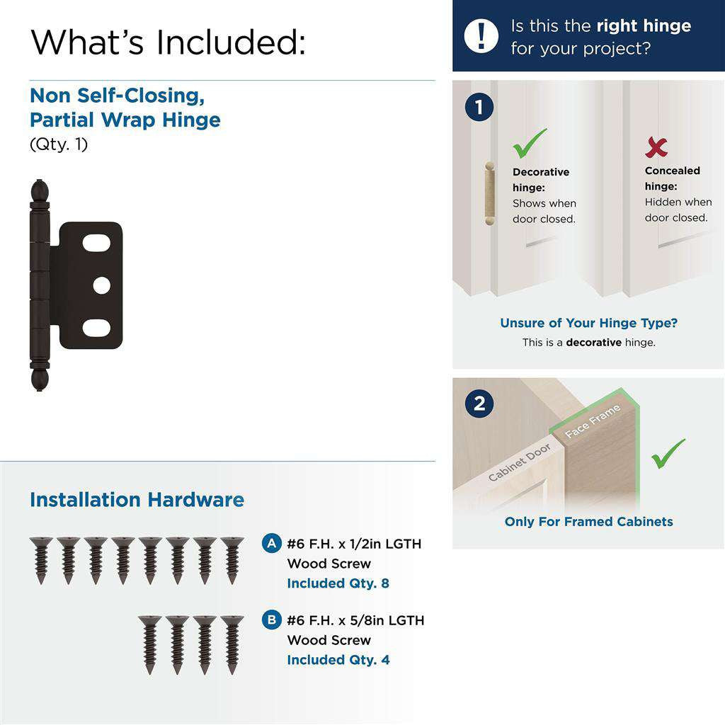 AMEROCK 3/4" Door Thick Full Inset Partial Wrap Cabinet Hinge in Oil Rubbed Bronze PK3180TBORB What's Included