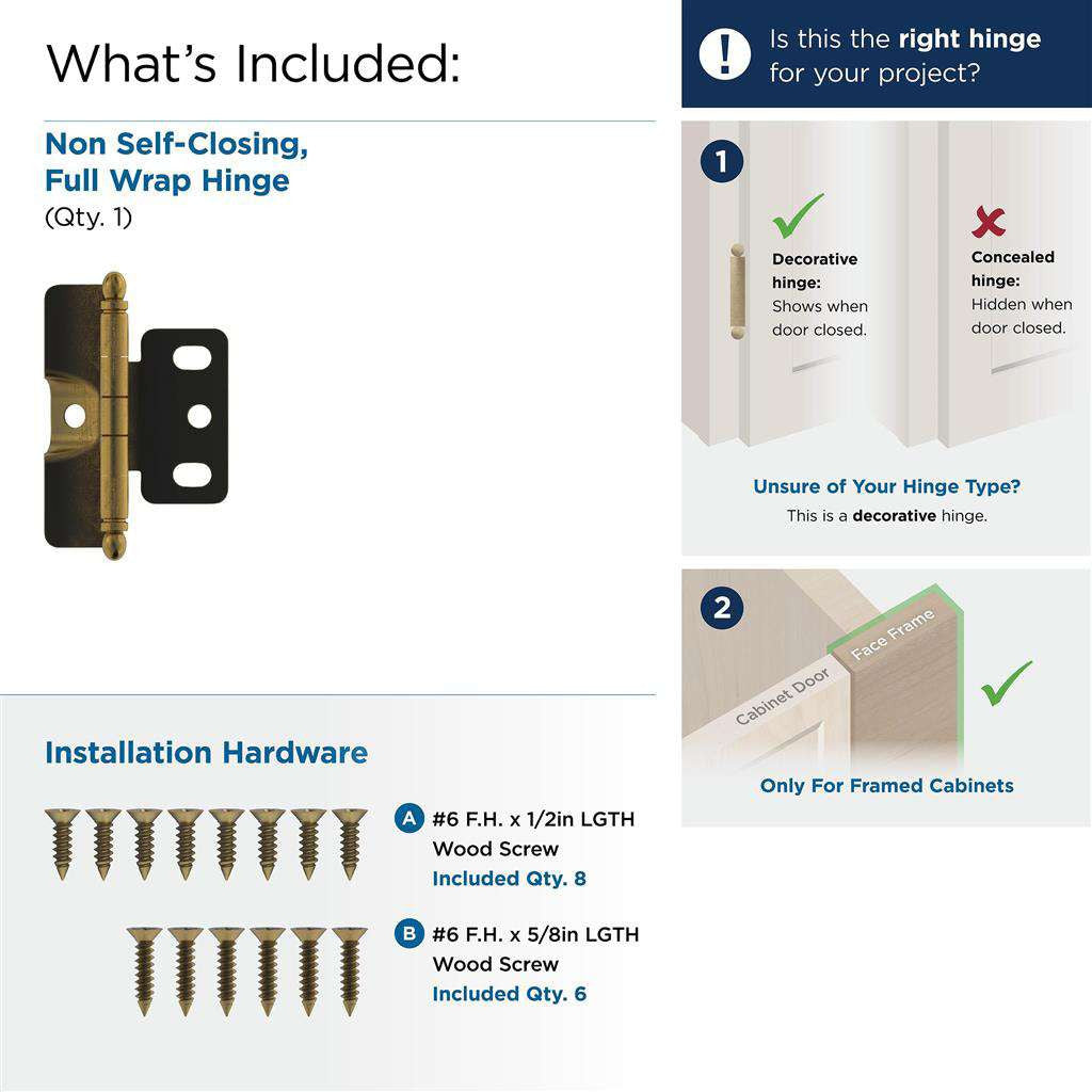 AMEROCK 3/4" Door Thick Full Inset Full Wrap Cabinet Hinge with Ball Ends in Antique Brass PK3175TBAE What's Included