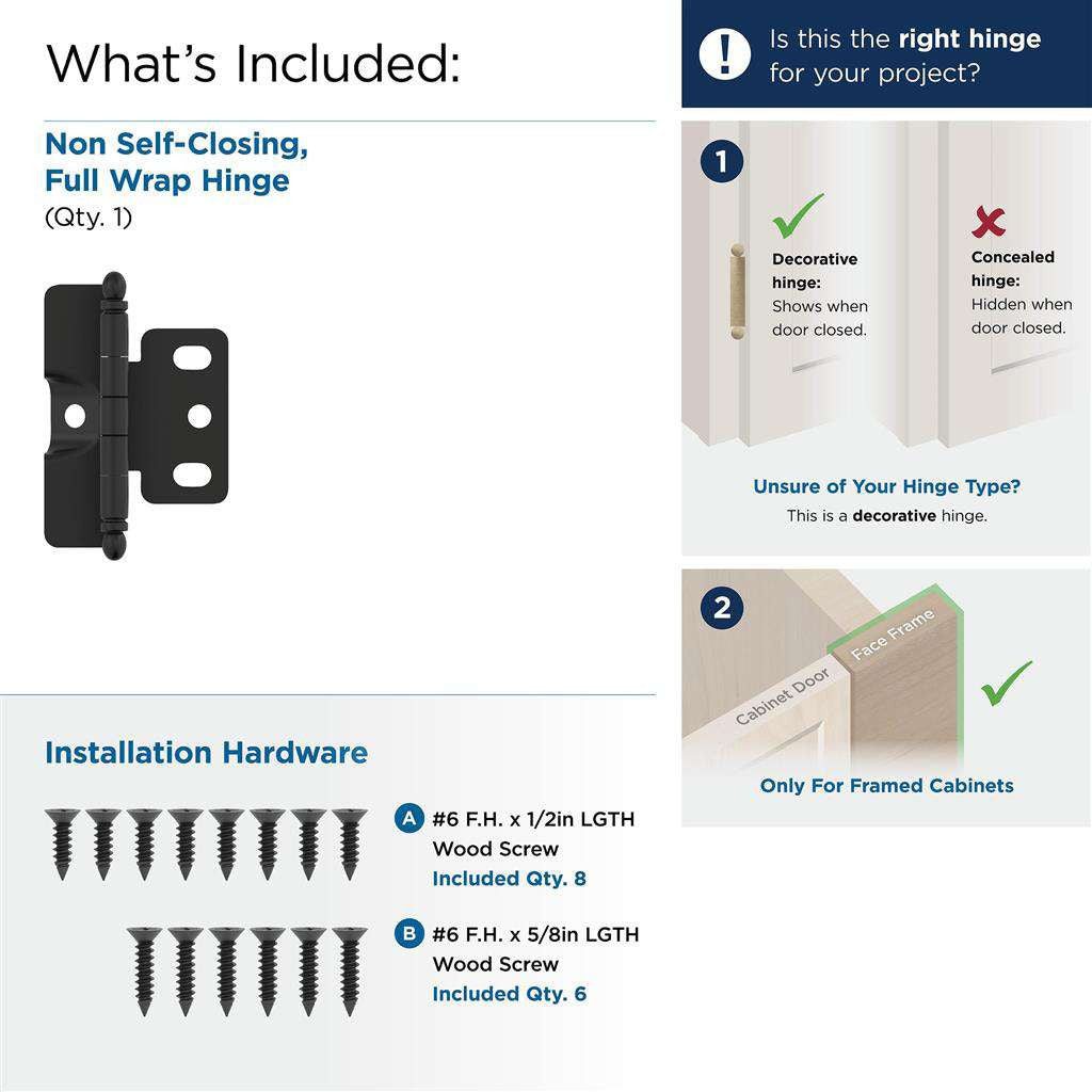 AMEROCK 3/4" Door Thick Full Inset Full Wrap Cabinet Hinge with Ball Ends in Flat Black PK3175TBFB What's Included