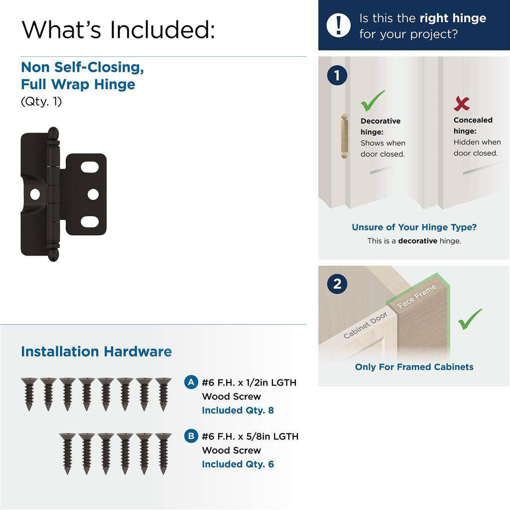 AMEROCK 3/4" Door Thick Full Inset Full Wrap Cabinet Hinge with Ball Ends in Oil Rubbed Bronze PK3175TBORB What's Included