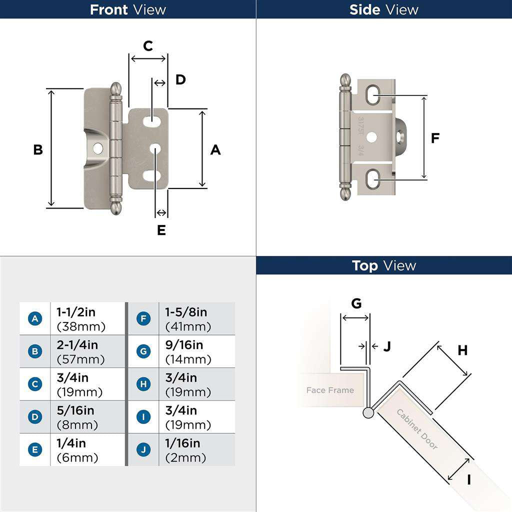 AMEROCK 3/4" Door Thick Full Inset Full Wrap Cabinet Hinge with Ball Ends in Satin Nickel PK3175TBG10 Specs