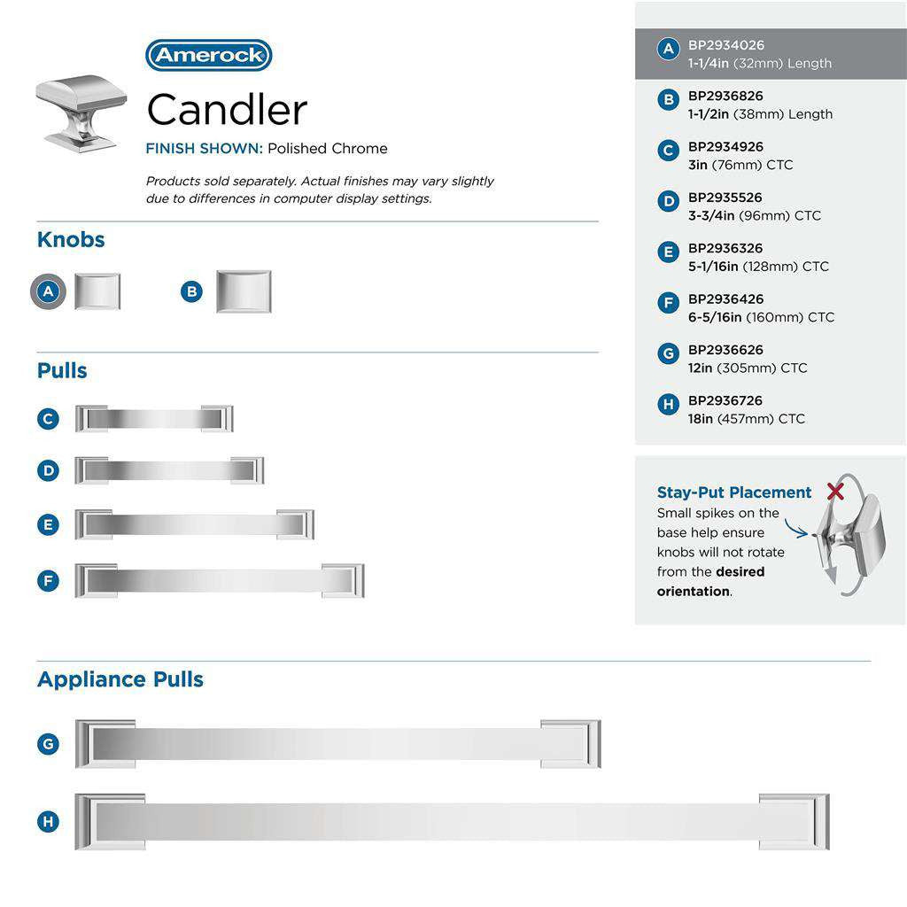Amerock Candler Rectangle Cabinet Knob in Polished Chrome 1-1/4" BP2934026 Collection