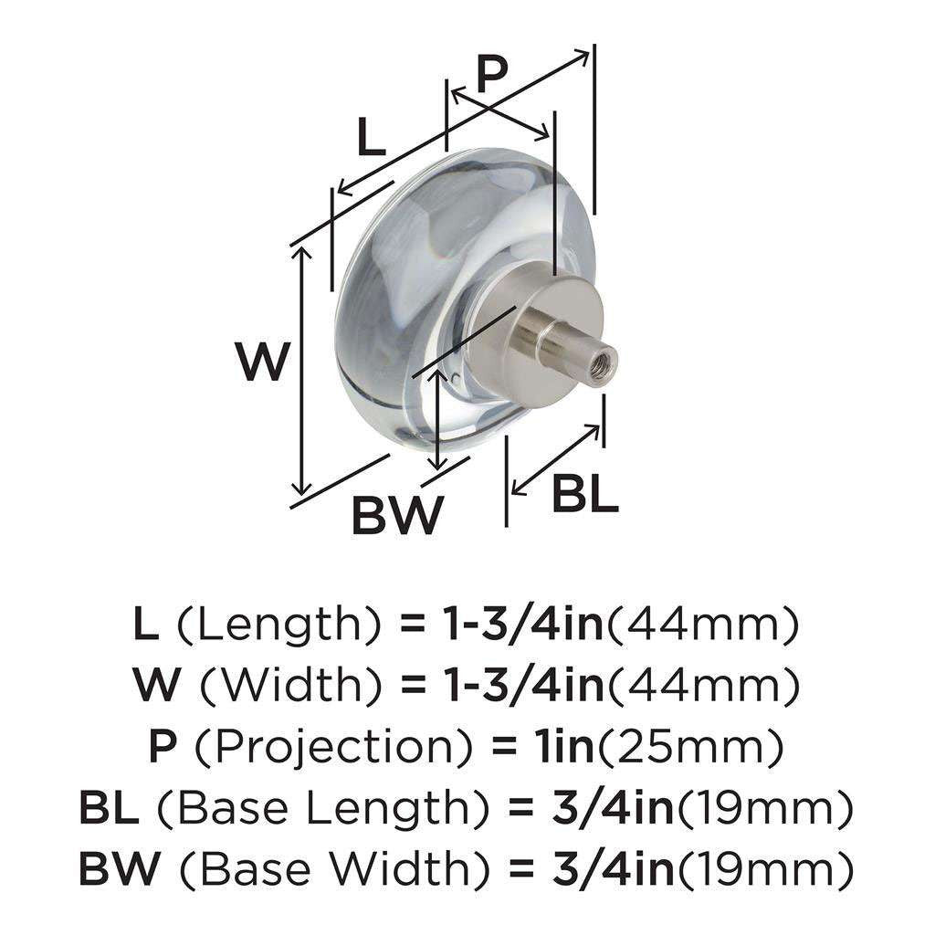 AMEROCK Glacio 1-3/4" Diameter Glass Cabinet Knob in Clear and Satin Nickel BP36652CG10 Specs