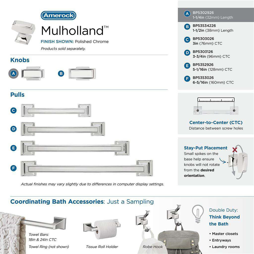 AMEROCK Mulholland Rectangle Cabinet Knob in Polished Chrome 1-1/4" BP5302926 Collection