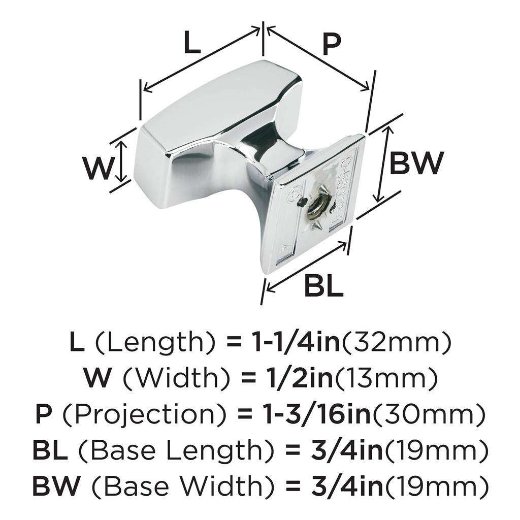 AMEROCK Mulholland Rectangle Cabinet Knob in Polished Chrome 1-1/4" BP5302926 Specs