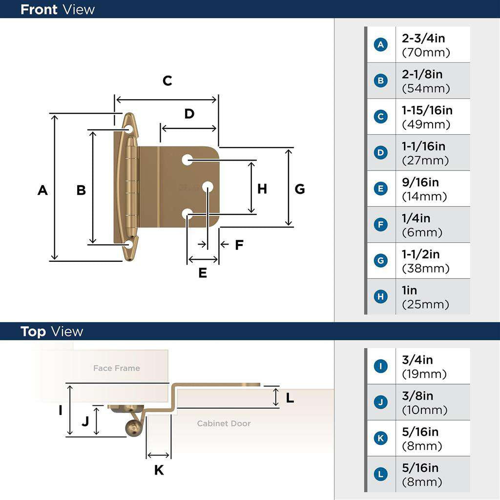 AMEROCK No Spring Face Mount 3/8" Inset Cabinet Hinge (pair) in Champagne Bronze BPR3417CZ Specs