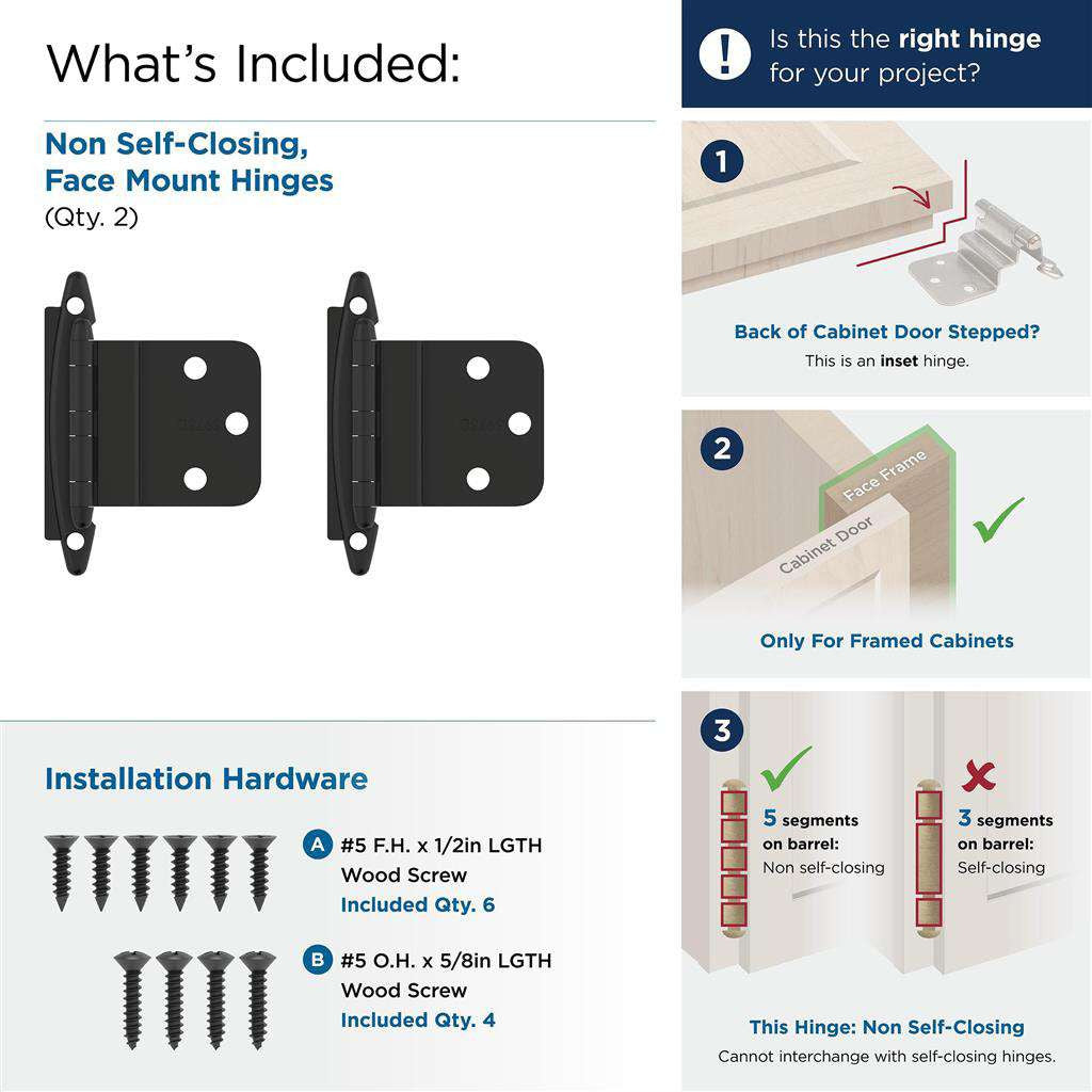 AMEROCK No Spring Face Mount 3/8" Inset Cabinet Hinge (pair) in Flat Black BPR3417FB What's Included
