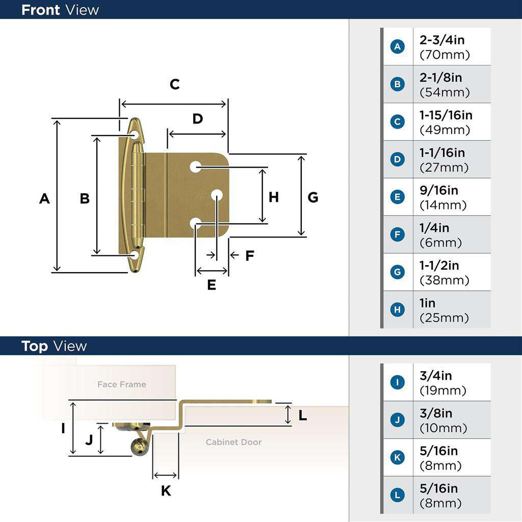 AMEROCK No Spring Face Mount 3/8" Inset Cabinet Hinge (pair) in Polished Brass BPR34173 Specs