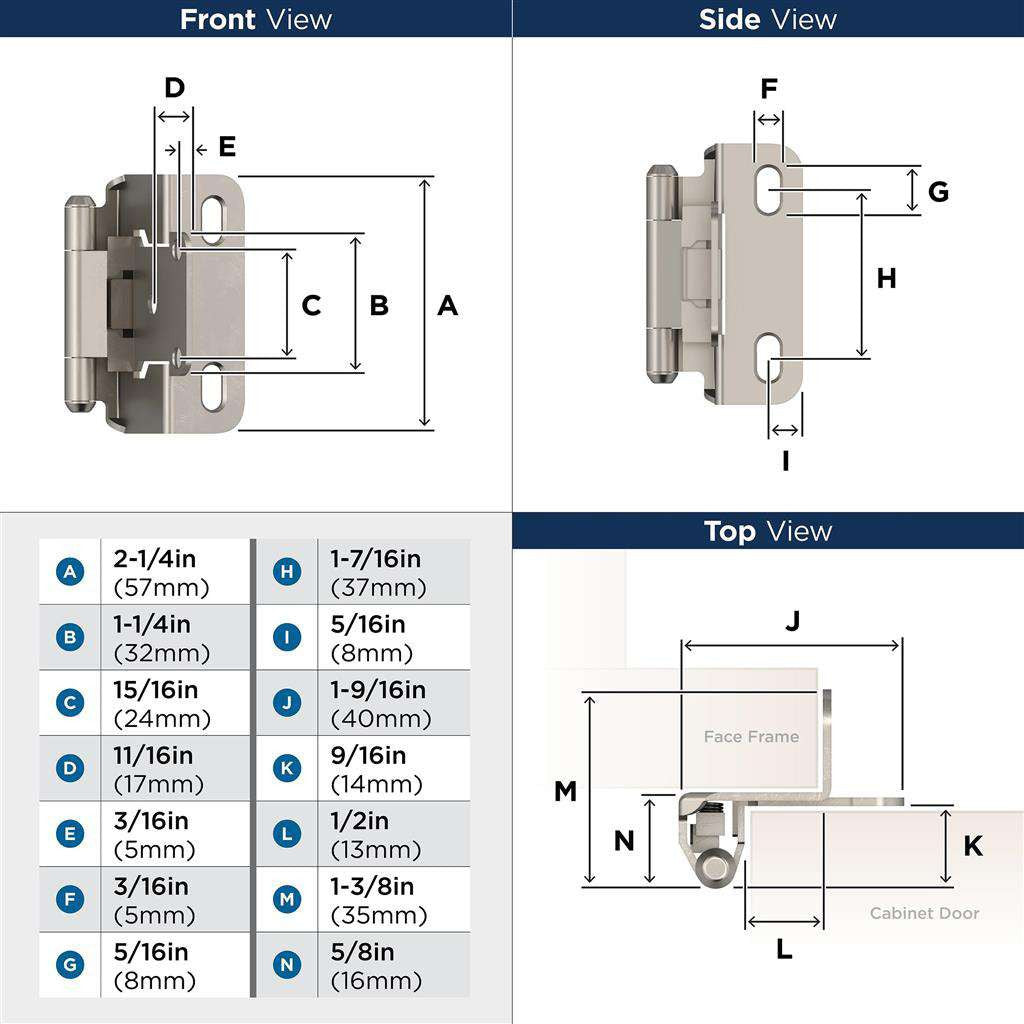 AMEROCK Partial Wrap Self Closing 1/2" Overlay Cabinet Hinge (pair) in Satin Nickel BPR7550G10 Specs