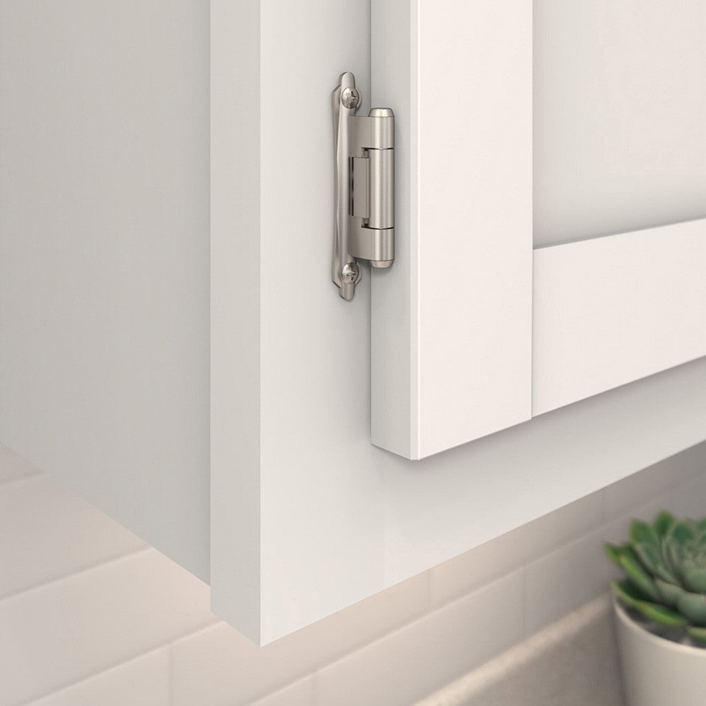 AMEROCK Scalloped Edge Self Closing Face Mount 3/8" Inset Cabinet Hinge (pair) in Satin Nickel BPR7928G10 Mounted View