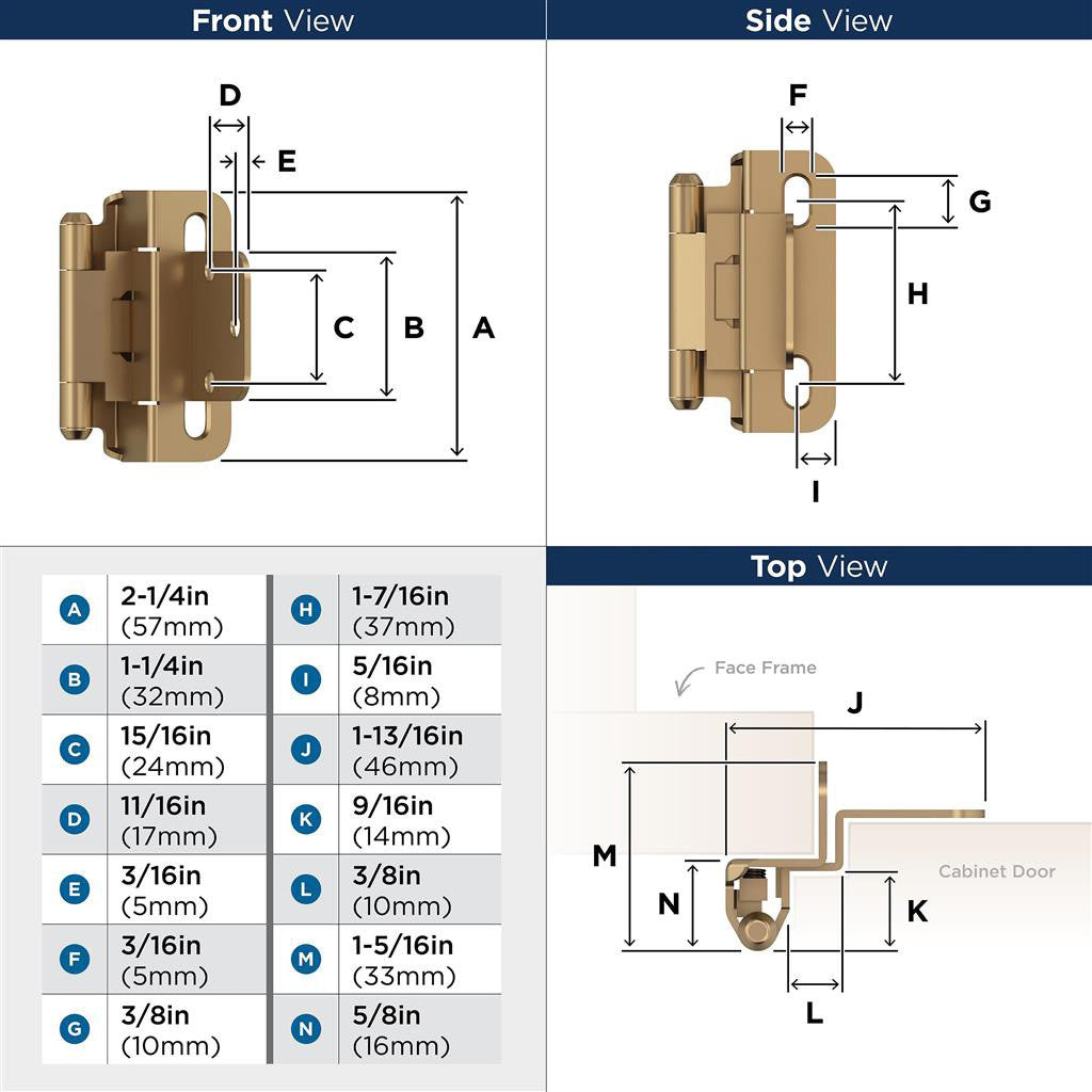 AMEROCK Self Closing 3/8" Inset Partial Wrap Cabinet Hinge (pair) in Champagne Bronze BPR7565CZ Specs