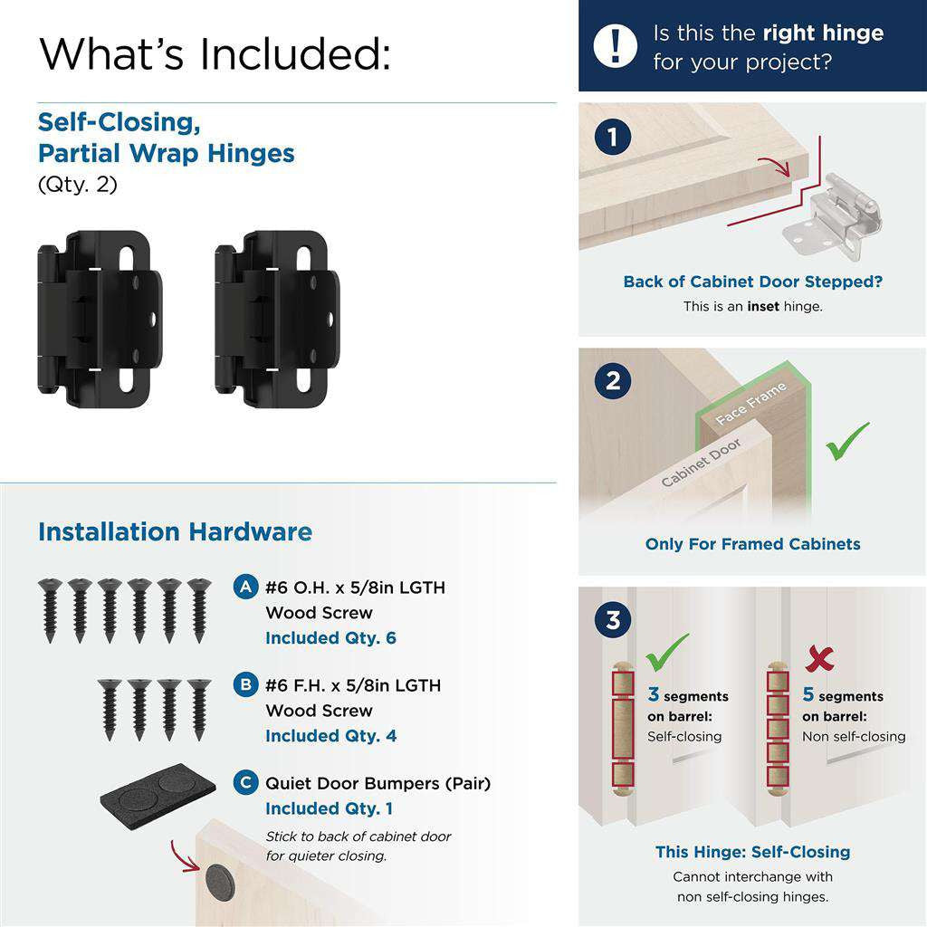 AMEROCK Self Closing 3/8" Inset Partial Wrap Cabinet Hinge (pair) in Flat Black BPR7565FB What's Included