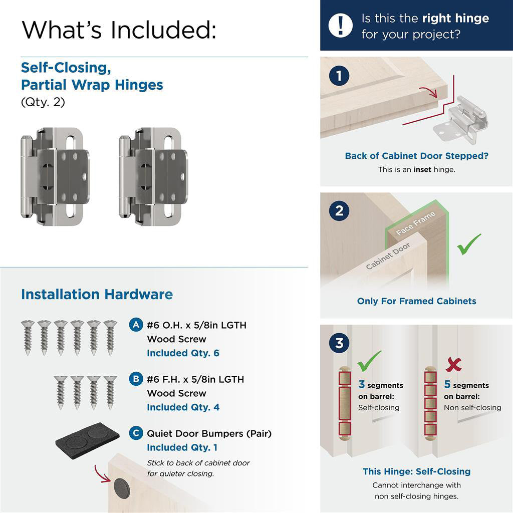 AMEROCK Self Closing 3/8" Inset Partial Wrap Cabinet Hinge (pair) in Polished Chrome BPR756526 What's Included