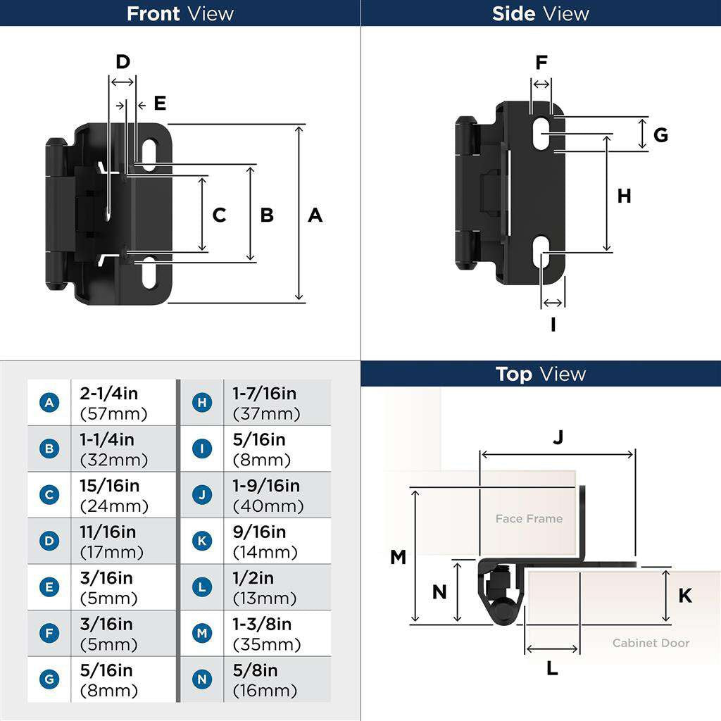 AMEROCK Self Closing Partial Wrap 1/2" Overlay Cabinet Hinge (pair) in Flat Black BPR7550FB Specs