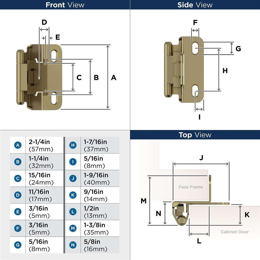 AMEROCK Self Closing Partial Wrap 1/2" Overlay Cabinet Hinge (pair) in Golden Champagne BPR7550BBZ Specs